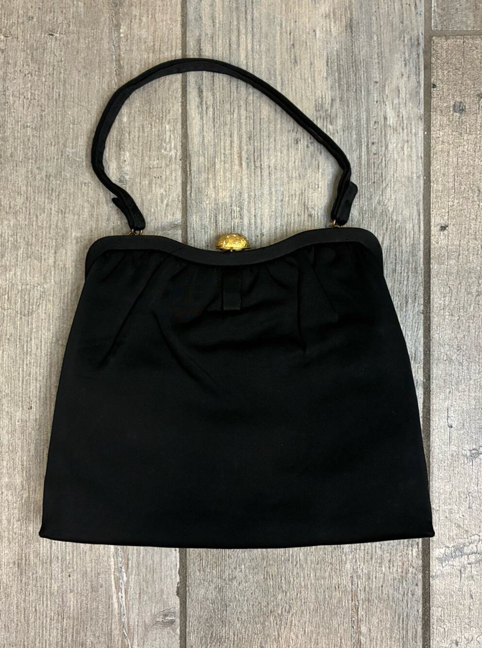 Vintage 1950s Black Satin Evening Bag Top Handle Gold Rhinestone Clasp Mirror